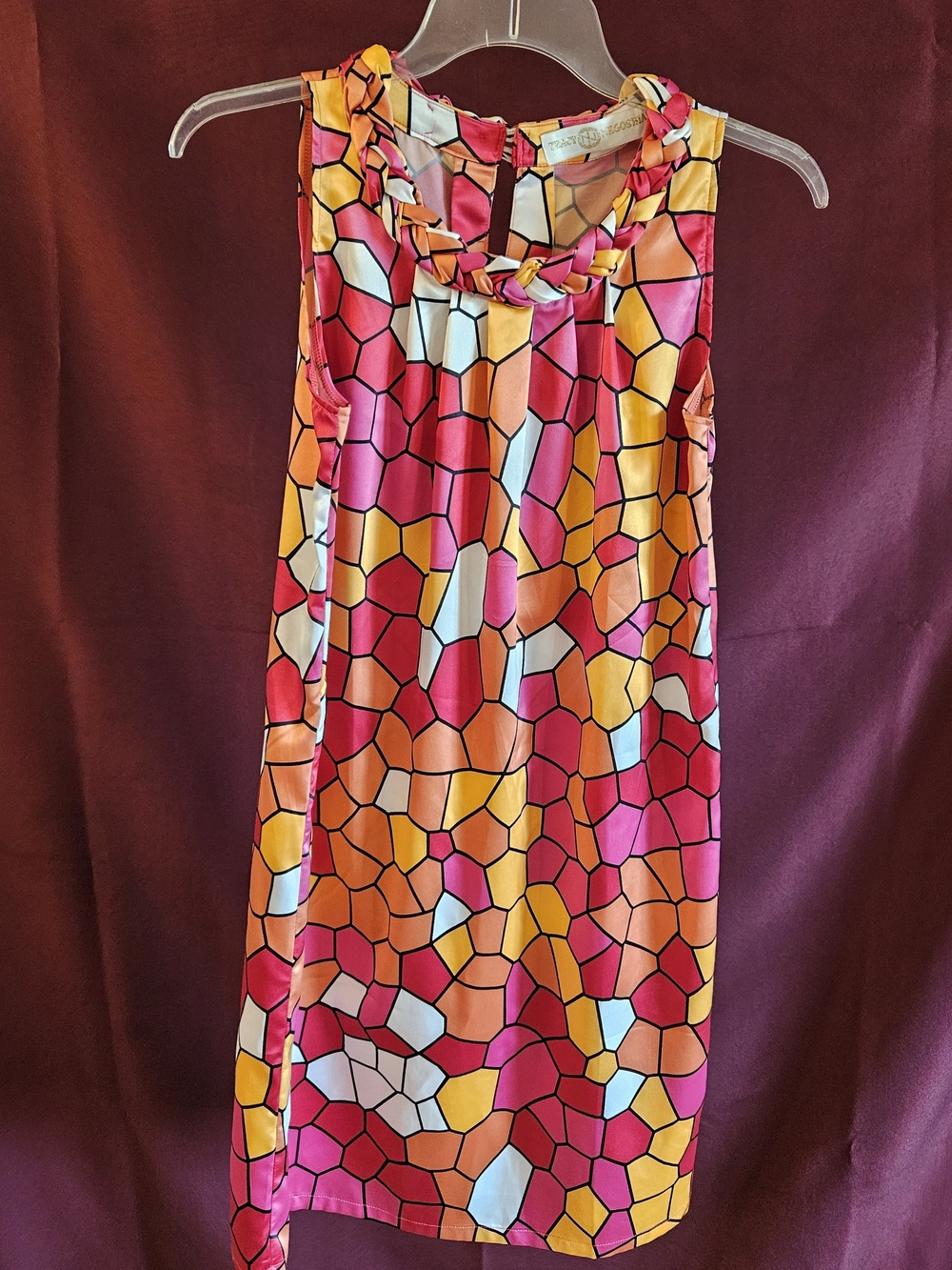 Tracy Negoshian Pink Orange Yellow Braided-Neck Shift Dress